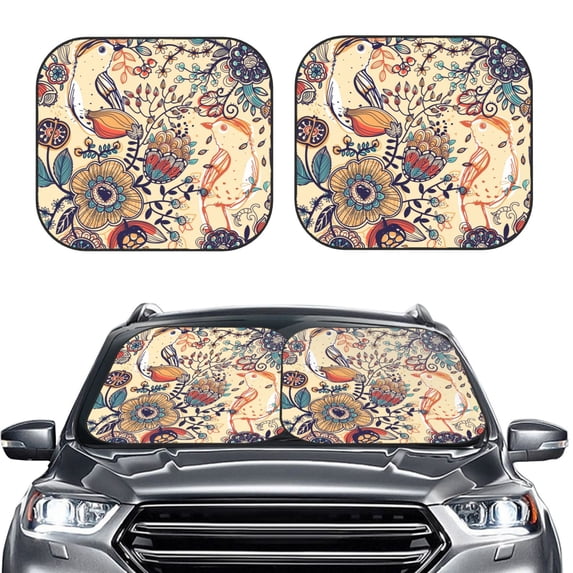 Picia Floral With Birds And Fantasy Flowers 2 Piece Car Windshield Sun Shade Foldable | Foldable Sun Shield for Front Window Blocks UV Rays and Keeps Your Vehicle Cool-