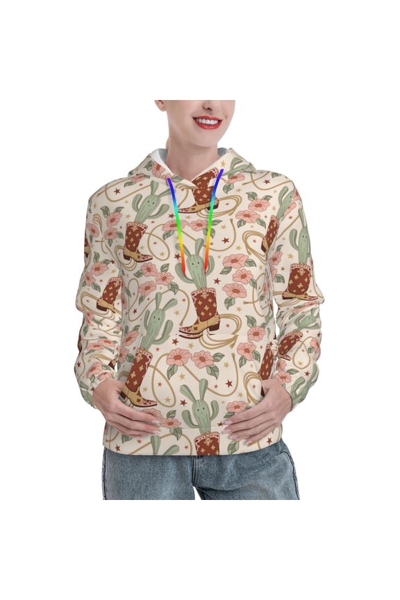 Floral Cowboy Boots Pattern Casual Women's Hoodie, Hooded Sweatshirt with Kangaroo Pocket, Comfortable Pullover with Eye-catching Drawstrings-Medium
