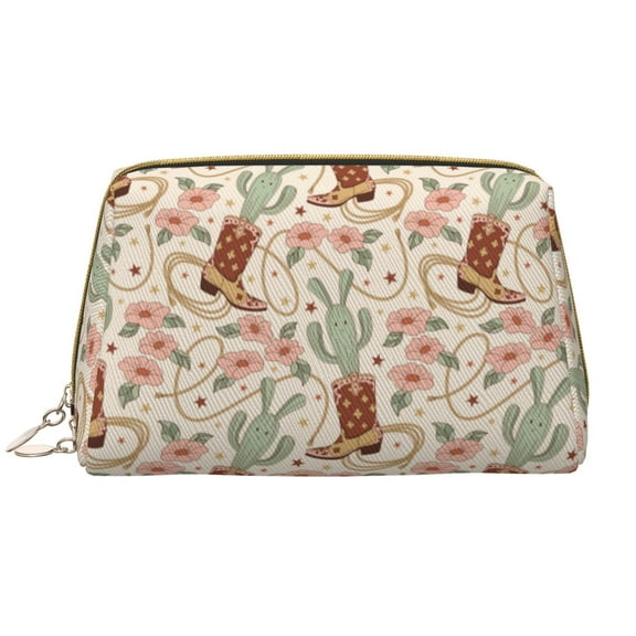 Picia Floral Cowboy Boots Print Leather Makeup Bag Make Up Bag Travel Toiletry Bag for Her Girlfriend Teacher Teen Girl Gifts