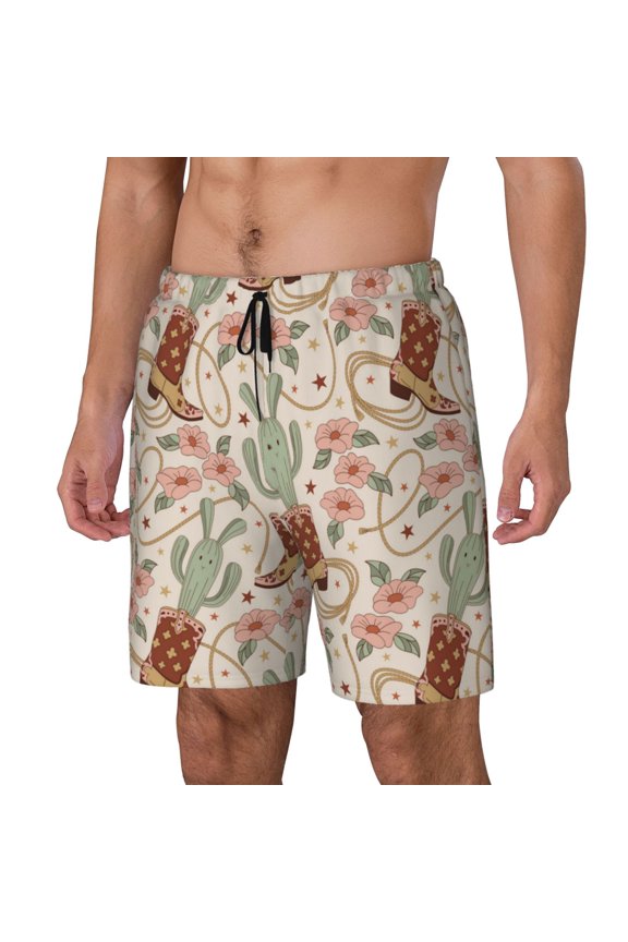 Floral Cowboy Boots pattern Mens Swim Trunks with Compression Liner Stretch Beach Shorts Quick Dry with Zipper Pockets No-Chafing Board Shorts-Small