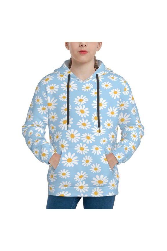 Floral Daisy Pattern Youth Hoodie - Warm Pullover Sweatshirt with Kangaroo Pocket, Ideal for Boys and Girls-X-Large