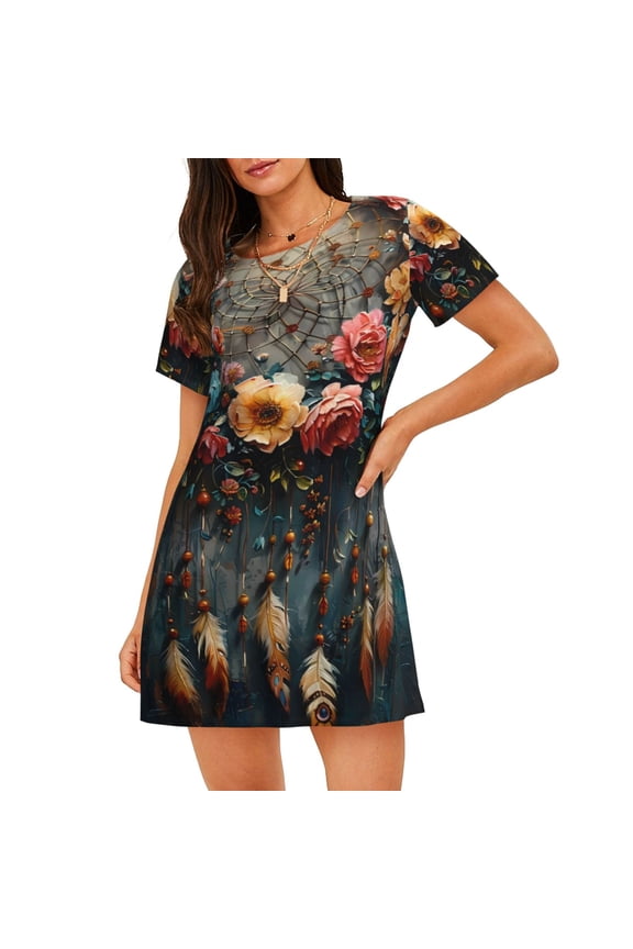 Floral Dreamcatcher Elegance Pattern Women’s Nightdress – Casual Short-sleeved Loose-Fit Sleepwear, Soft Cotton Short-Sleeve Sleep Shirt for Relaxation & Comfort