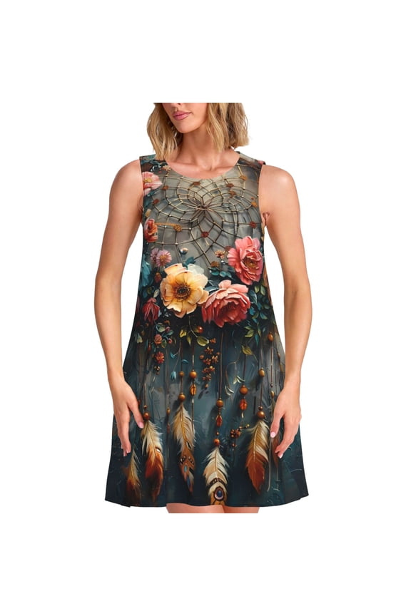 Floral Dreamcatcher Elegance Print Women’s Sleeveless Midi Swing Dress – A-Line Pleated Tank Sundress, Comfortable and Flowy T-Shirt Dress