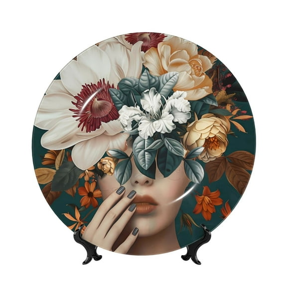 Picia Floral Head Dreamscape Pattern Bone China Decorative Plate – Wall Decor with Stand and Adhesive, Elegant Ornament for Living Room, Office, or Entryway-6in