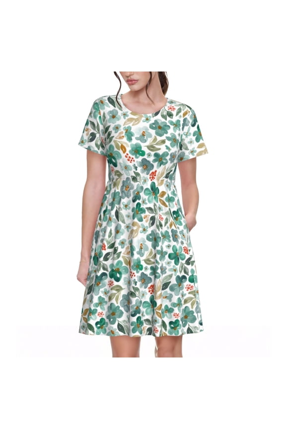 Floral In Teal Pattern Women's Short Sleeve Summer Dress Pleated Loose Swing Knee Length Short Sleeve Swing Dresses