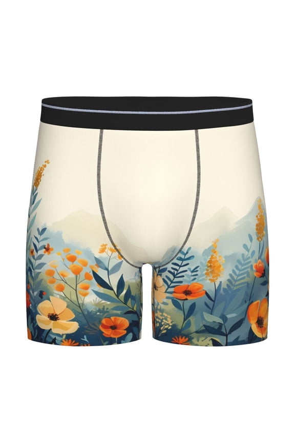 Floral Mountain Landscape Pattern Men's Athletic Long Leg Briefs , Performance Stretch Underwear，Moisture-Wicking