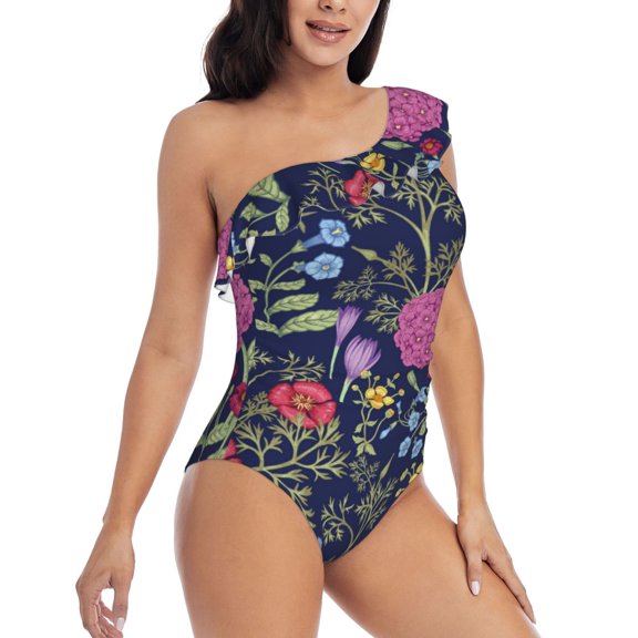 Picia Floral Pattern Women's One Piece Swimsuits,One Shoulder Swimwear Asymmetric ,Ruffle Monokinis Bathing Suits,High Waisted Flattering Bathing Suits-Medium