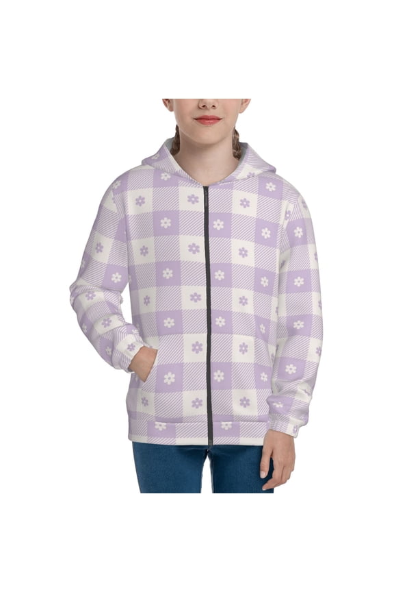 Floral Purple Buffalo Plaid for Boys Fashion Full-zip Hoodies & Sweatshirts with Kangaroo Pocket,Zip-up Hooded Sweatshirt for Kid, Moisture Wicking & Breathable-Small