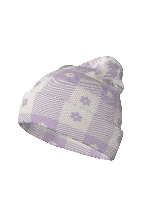 Floral Purple Buffalo Plaid Pattern Knitted Beanie Hat for Men and Women , Unisex Winter Warm Stretchy Knit Cap Thick Fisherman Beanies Cuffed Plain Skull Caps