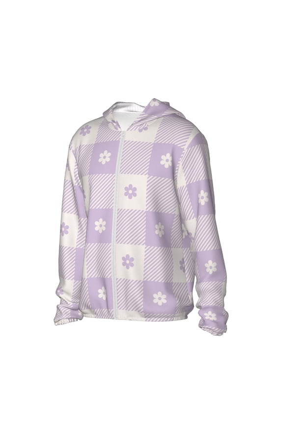 Floral Purple Buffalo Plaid Women's Men's UPF 50+ Sun Protection Hoodie Shirt Long Sleeve SPF Fishing Outdoor UV Hiking Lightweight Shirts-X-Large