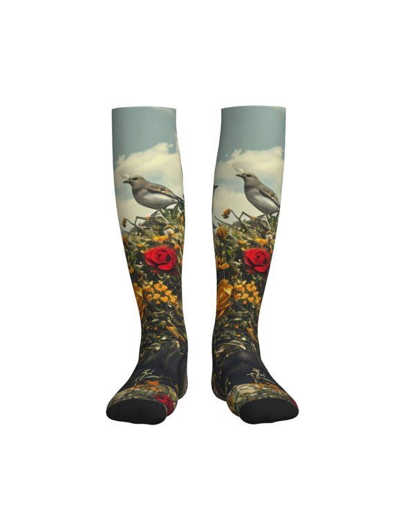 Floral Rhino With Birds Printed Sports Compression Socks - 15-20mmHg Graduated Compression, High-Performance Soft and Breathable Socks for Men and Women
