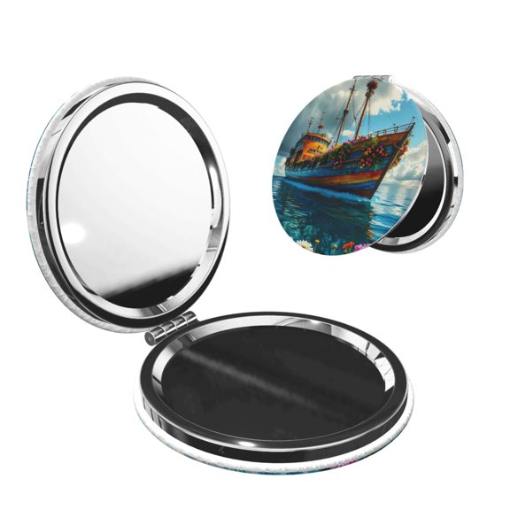 Picia Floral Ship On Ocean for Compact Vanity Mirror , Travel Makeup Mirror , Portable Magnifying Cosmetic Mirror for Daily, Work, Business-Round Shape