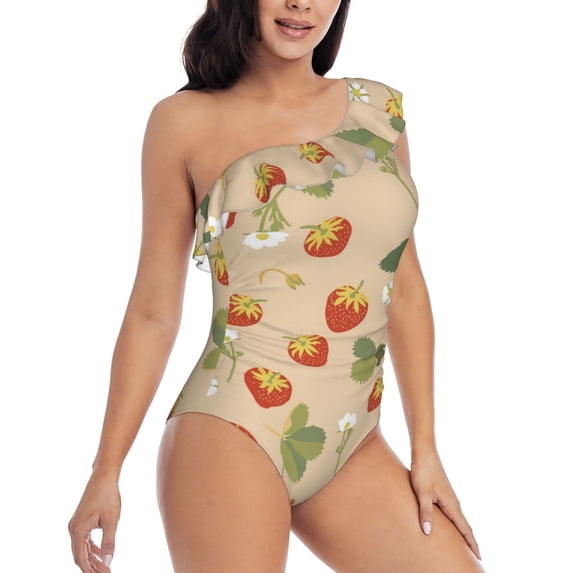 Picia Floral Strawberr Pattern Women's One Piece Swimsuits,One Shoulder Swimwear Asymmetric ,Ruffle Monokinis Bathing Suits,High Waisted Flattering Bathing Suits-
