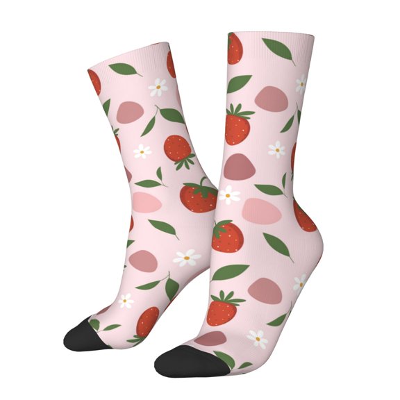 Picia Floral Strawberr Print Athletic Socks for Men & Women – Cushioned Moisture-Wicking Crew Socks for Sports, Running, and Training, Soft & Breathable Size 5-11