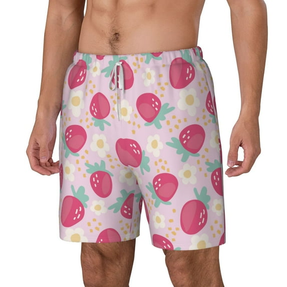 Picia Floral Strawberr pattern Mens Swim Trunks with Compression Liner Stretch Beach Shorts Quick Dry with Zipper Pockets No-Chafing Board Shorts-3X-Large