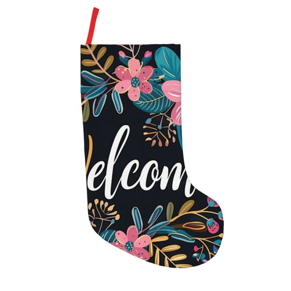 Picia Floral Welcome Sign Pattern Christmas Stockings, 18 Inches Knit Christmas Stockings, Stockings Christmas Cable Knitted Xmas Hanging Stockings