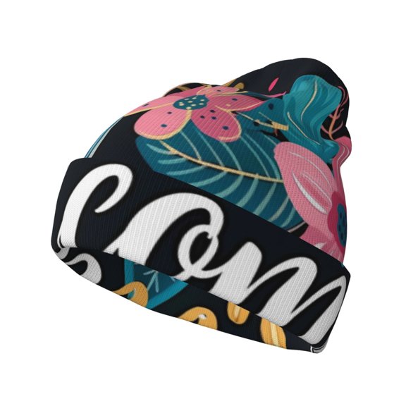 Picia Floral Welcome Sign Pattern Knitted Beanie Hat for Men and Women , Unisex Winter Warm Stretchy Knit Cap Thick Fisherman Beanies Cuffed Plain Skull Caps
