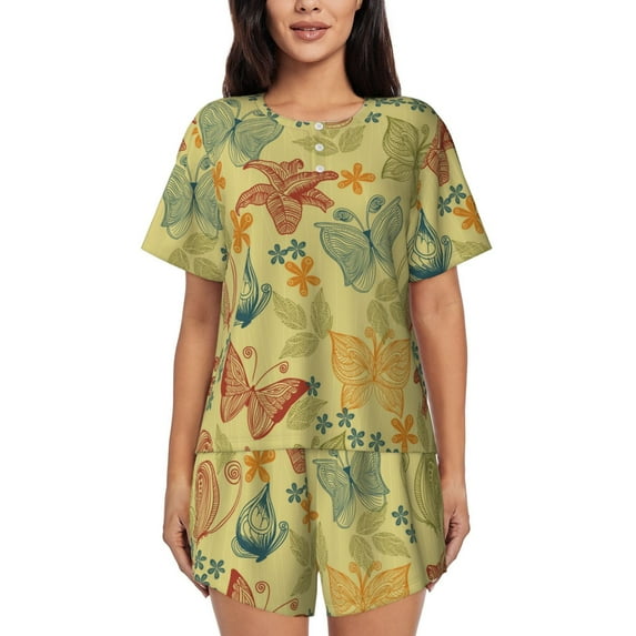 Picia Floral with Butterflies Pajamas Sets for Women Soft Short-Sleeved Pjs with Lounge Shorts Two Piece Sleepwear-3X-Large