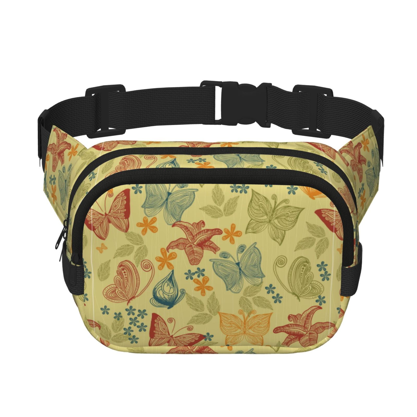 Picia Floral with Butterflies Print Square Double-Layer Waist Bag Mini Adjustable Waist Belt Bag Exercise Running Travel Hiking