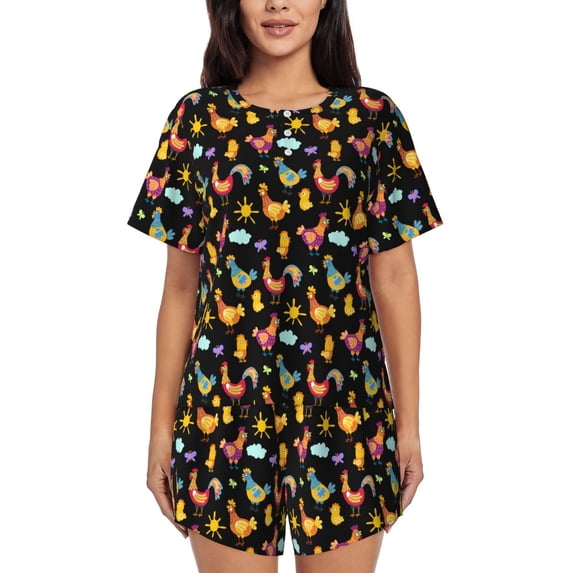 Picia Flowe Rooster Pajamas Sets for Women Soft Short-Sleeved Pjs with Lounge Shorts Two Piece Sleepwear-Large