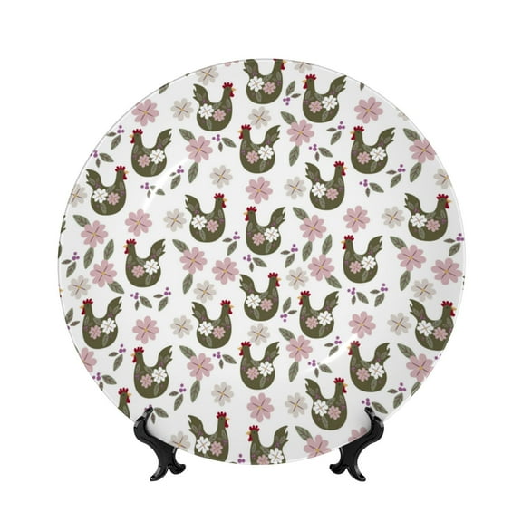 Picia Flowe Rooster Pattern Bone China Decorative Plate – Wall Decor with Stand and Adhesive, Elegant Ornament for Living Room, Office, or Entryway-6in