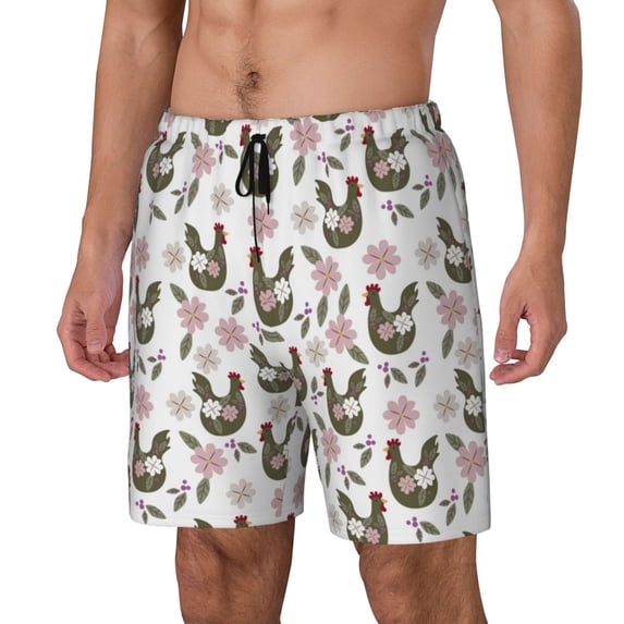 Picia Flowe Rooster pattern Mens Swim Trunks with Compression Liner Stretch Beach Shorts Quick Dry with Zipper Pockets No-Chafing Board Shorts-Small