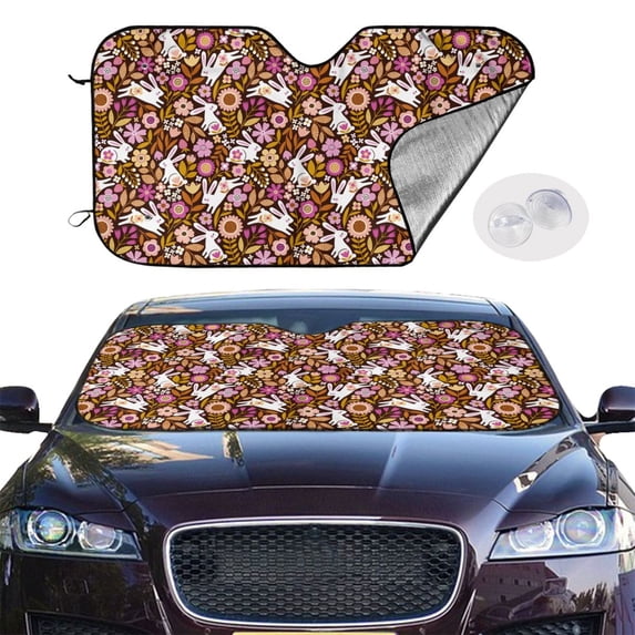 Picia Flower Bunny Curved Windshield Sunshade Accordion Folding Style Auto Shade for Car Truck SUV Van Blocks UV Ray Sun Visor Protector -Medium