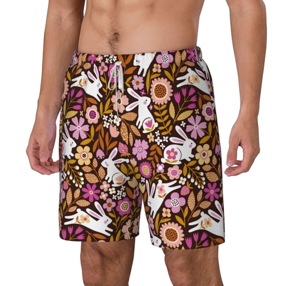 Picia Flower Bunny pattern Mens Swim Trunks with Compression Liner Stretch Beach Shorts Quick Dry with Zipper Pockets No-Chafing Board Shorts-3X-Large