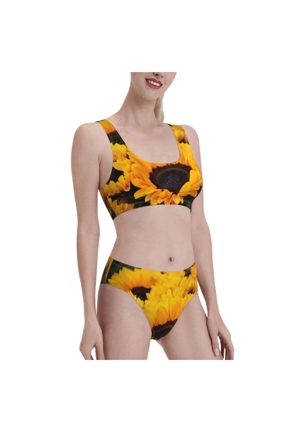 Flower Bush Sunflower Women's High Waisted Bikini Scoop Neck Swimsuit Two Pieces Bathing Suit-Medium