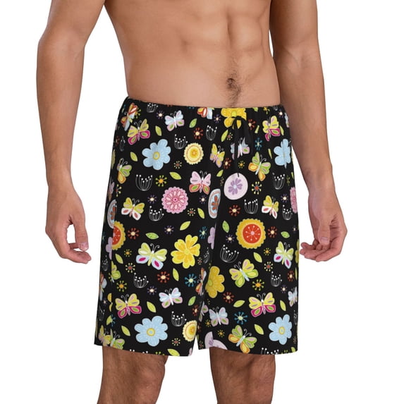 Picia Flower Butterfly Pajama Shorts for Men, Men's Pajama Bottoms, Sleepwear,Short Pajama Pants-Large