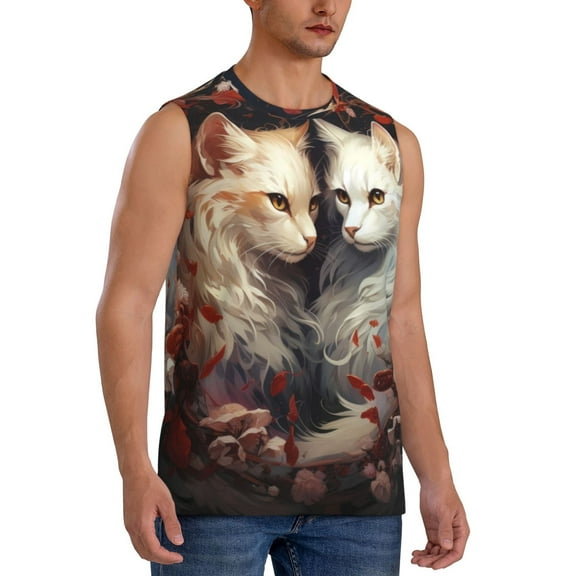 Picia Flower Cat Couple mens Cotton Tank Undershirts , Moisture-wicking Ribbed Tanks, Lightweight Cotton Tank Undershirts-Medium