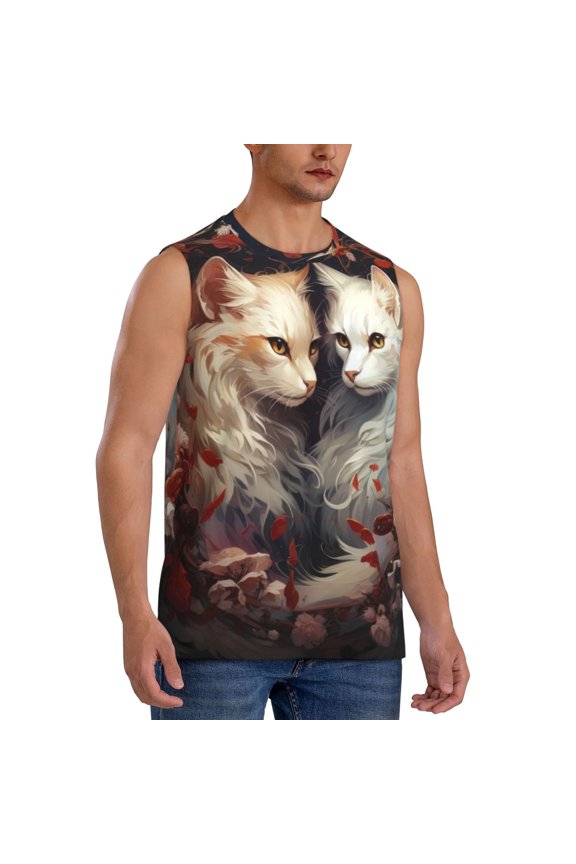 Flower Cat Couple mens Cotton Tank Undershirts , Moisture-wicking Ribbed Tanks, Lightweight Cotton Tank Undershirts-Small