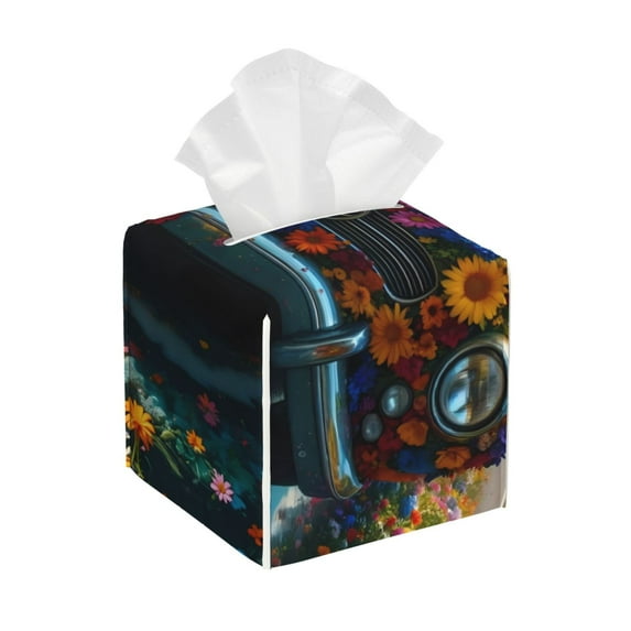 Picia Flower Covered Vintage Car Pattern Tissue Box Cover,PVC Leather Square Holder,Tissue Box Holder with Magnetic Bottom,Facial Paper Organizer Dispenser-5.2"X5.2"X5.2"