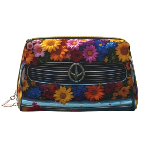 Picia Flower Covered Vintage Car Print Leather Makeup Bag Make Up Bag Travel Toiletry Bag for Her Girlfriend Teacher Teen Girl Gifts