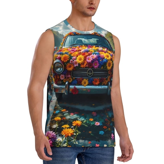 Picia Flower Covered Vintage Car mens Cotton Tank Undershirts , Moisture-wicking Ribbed Tanks, Lightweight Cotton Tank Undershirts-3X-Large
