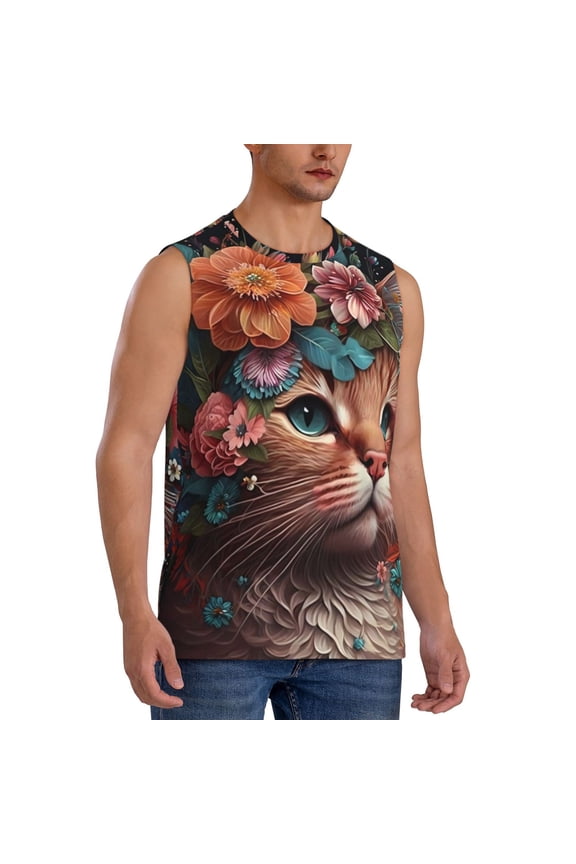 Flower Crown Cat mens Cotton Tank Undershirts , Moisture-wicking Ribbed Tanks, Lightweight Cotton Tank Undershirts-X-Large