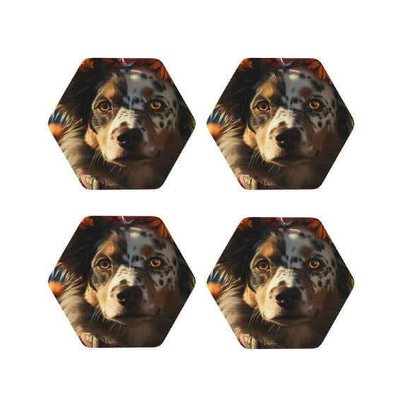 Picia Flower Crown Dog Printed Leather Coasters for Drinks, 4" Drink Coasters Set of 4 for Tabletop Protection, Handmade Luxurious Home Décor and Housewarming Gift -Hexagon
