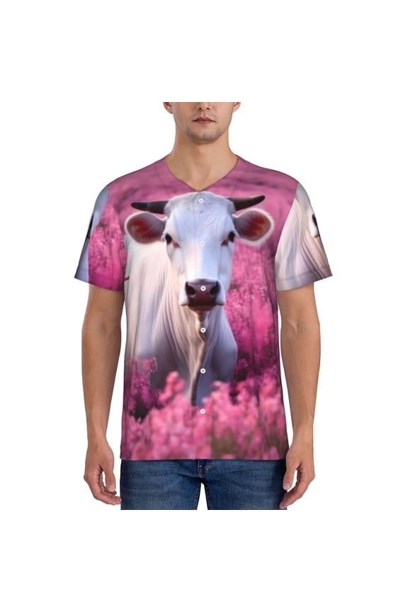 Flower Field Cow Pattern Mens Polo Shirts Quick Dry Short Sleeve Golf T Shirt Performance Moisture Wicking Casual Workout Baseball T-shirt-Small