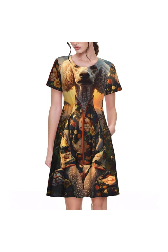 Flower Field Poodle Pattern Women's Short Sleeve Summer Dress Pleated Loose Swing Knee Length Short Sleeve Swing Dresses