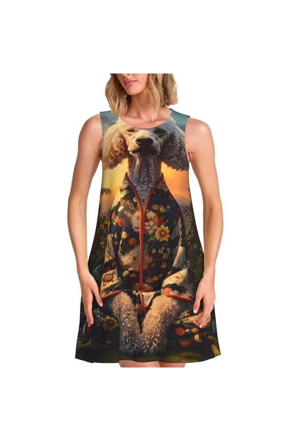 Flower Field Poodle Print Women’s Sleeveless Midi Swing Dress – A-Line Pleated Tank Sundress, Comfortable and Flowy T-Shirt Dress