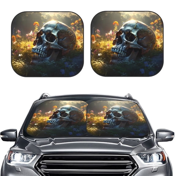 Picia Flower Field Skull 2 Piece Car Windshield Sun Shade Foldable | Foldable Sun Shield for Front Window Blocks UV Rays and Keeps Your Vehicle Cool-Medium