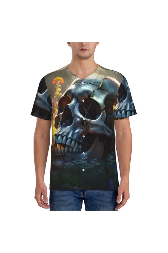 Flower Field Skull Pattern Mens Polo Shirts Quick Dry Short Sleeve Golf T Shirt Performance Moisture Wicking Casual Workout Baseball T-shirt-XX-Large