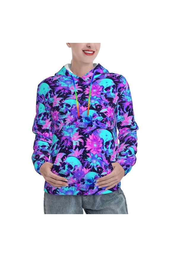 Flower Happy Skull Pattern Casual Women's Hoodie, Hooded Sweatshirt with Kangaroo Pocket, Comfortable Pullover with Eye-catching Drawstrings-XX-Large