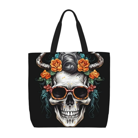 Picia Flower Horn Skull A for Tote Bag for Women with Zipper, Gym Tote with Compartments, Laptop Work Tote Nurse Dance Yoga Bag for Sport, Travel