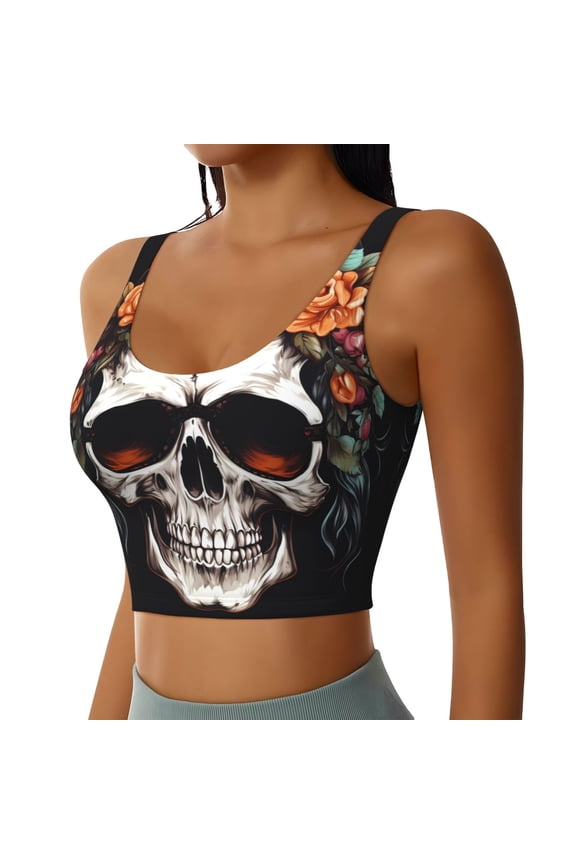 Flower Horn Skull Sports Bra for Women,Padded Strappy Sports Bras Medium Support Yoga Bra with Removable Cups,Running Yoga Bra-XX-Large