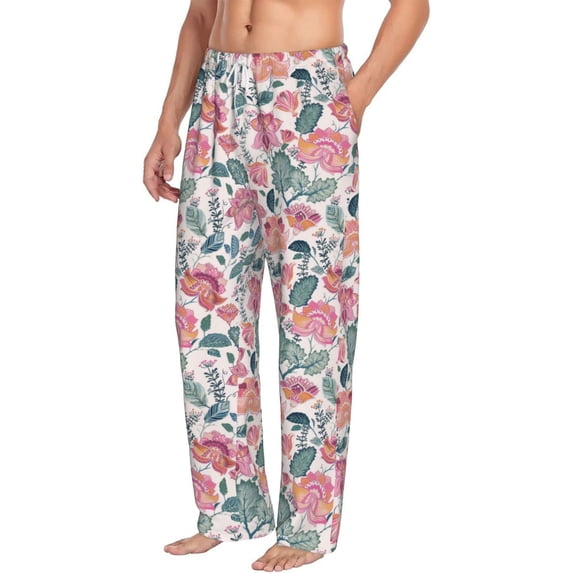 Picia Flower Leaves Mens Soft Woven Cotton Elastic Waistband Sleep Pajama Pant Lounge Sleep Pant With Pockets And Drawstring-XX-Large
