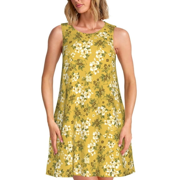 Picia Flower Print Women’s Sleeveless Midi Swing Dress – A-Line Pleated Tank Sundress, Comfortable and Flowy T-Shirt Dress