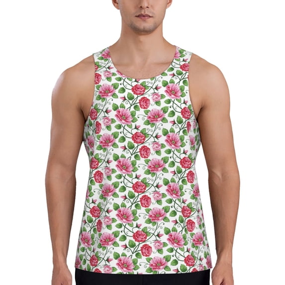 Picia Flower Printed Men’s Performance Tank, Men's Workout Tank Top Moisture-Wicking Tank Top Muscle tee, Breathable Workout Shirt-Small