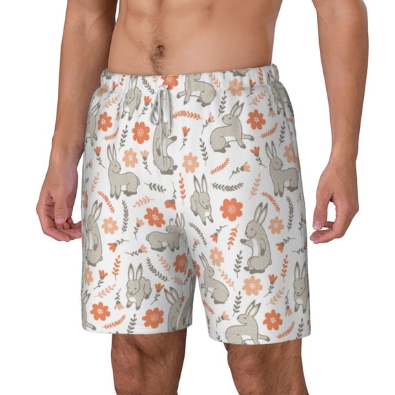 Picia Flower Rabbit pattern Mens Swim Trunks with Compression Liner Stretch Beach Shorts Quick Dry with Zipper Pockets No-Chafing Board Shorts-Small