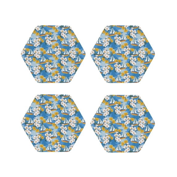 Picia Flower and Sail Boat Printed Leather Coasters for Drinks, 4" Drink Coasters Set of 4 for Tabletop Protection, Handmade Luxurious Home Décor and Housewarming Gift -Hexagon